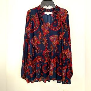 LOFT Paisley Blue & Red Blouse with Mandarin Collar and Long Sleeves Size Large